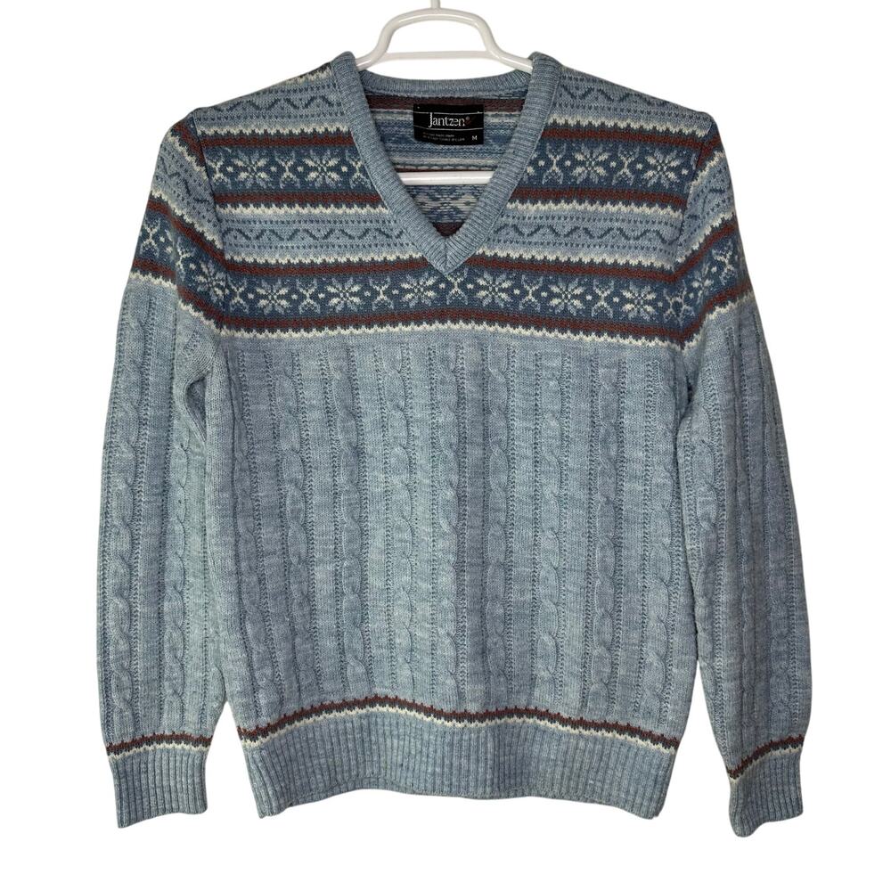 VTG Jantzen Men Medium Sweater V Neck Wool Blue Cable Knit Snowflakes Ski Winter